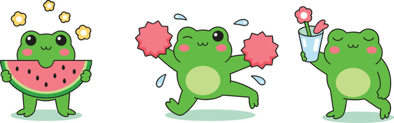 Cartoon frogs, watermelon snack, pom-pom dance, flower drink, cute characters, kids illustration, summer fun, playful design, hydration, cheerful mood