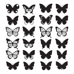 Collection of black silhouette butterflies in various shapes and sizes arranged in a grid pattern