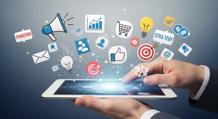Hands using a tablet to activate digital marketing icons and strategy symbols