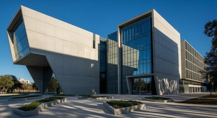 Modern architectural complex featuring geometric concrete structures and reflective glass windows under a clear blue sky.