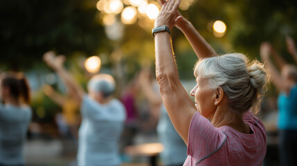Mature group stretching at park fitness class rear angle hamstring stretch instructor silhouette active aging faceless no visible faces outdoor exercise with copy space