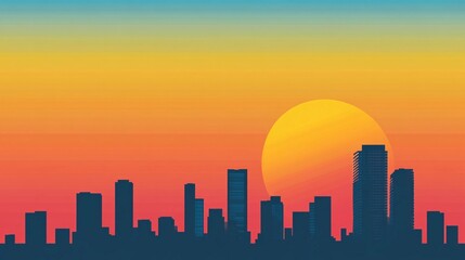 Urban skyline silhouetted against a vibrant sunset with warm hues of orange and blue in the evening sky