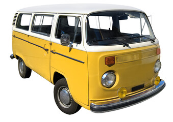 Yellow miicrobus, camper, transporter. 1970, isolated