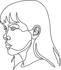 Minimalist continuous line drawing of a young woman s profile with bangs and flowing hair