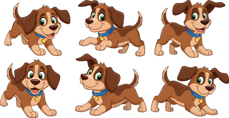 Cartoon puppy character set, playful dog poses, brown puppy with collar, pet illustration, animation asset, cheerful dog design