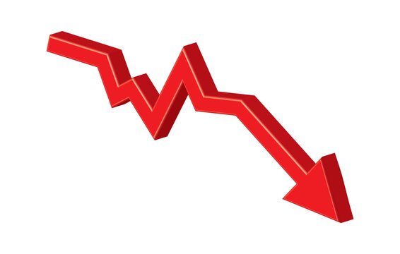Red 3d glossy arrow going down stock icon on white background. Bankruptcy, financial market crash icon for your web site design, logo, app, UI. graph chart downtrend symbol.chart going down sign.
