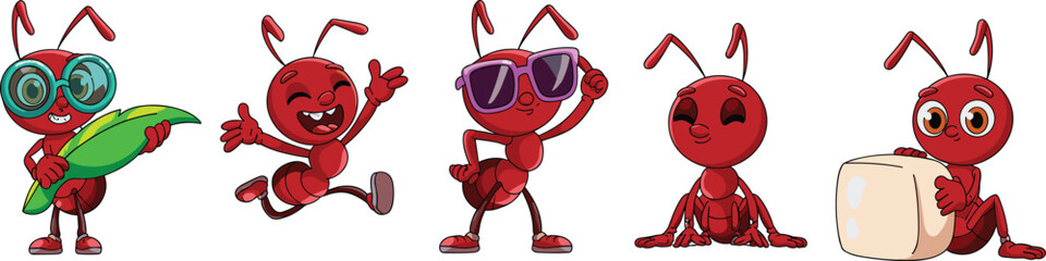 Cartoon red ant characters, expressive insect poses, playful bug illustration, kids mascot design, cheerful accessories, animated ant pack, fun creature art
