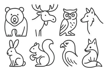 Cabin Wildlife Icons. Line style icons of Cabin wildlife: bear, moose, owl, wolf, rabbit, squirrel, eagle, fox, No text, No labels