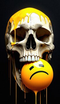 A striking skull with dripping yellow paint, holding a sad emoji ball, symbolizing the contrast between life and emotions.