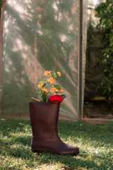 agricultural decor, flowers in boots