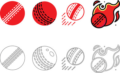 Dynamic Cricket Ball Icon Set: Flat, Outline, Flying and On Fire