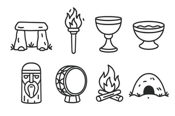 Viking Ritual Icons. Line style icons of Viking rituals: stone altar, torch, chalice, sacrifice bowl, carved idol, drum, fire pit,