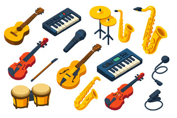 Vibrant Musical Instruments. Isometric vector illustration set music instruments: travel acoustic guitar, compact electronic piano