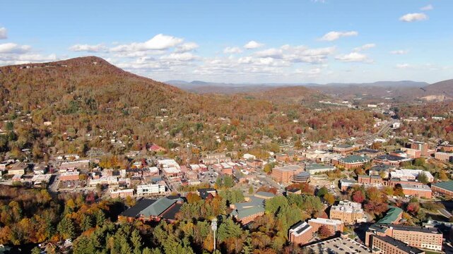 Sunset Aerial Drone View of Boone, North Carolina in the Glowing Autumn Sun With Bright Fall Foliage