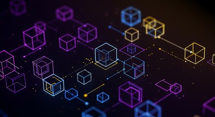 Abstract digital network of glowing cubes and lines, representing blockchain technology and data connections