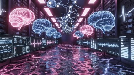 Futuristic server room with glowing brain visualizations and digital data streams - Powered by Adobe