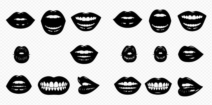Monochrome illustration featuring various lip shapes and expressions, rendered in a stark black and white style.