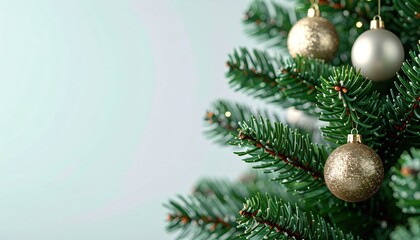 Fototapeta premium Decorating a festive christmas tree with gold and silver ornaments indoor home environment close-up view holiday spirit