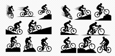 Silhouettes of mountain bikers performing stunts and riding on various terrains.