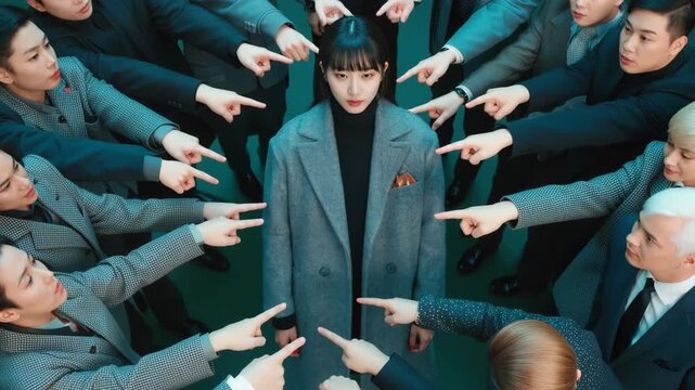 This image depicts a woman at the center of attention, with many fingers pointing towards her, symbolizing blame