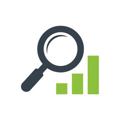 Magnifying glass analyzing a green bar chart, symbolizing data analysis, business growth, and financial progress.