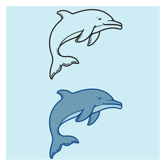 Fototapeta premium Vector Illustration of Blue Dolphins Swimming - Outline and colored , minimalist 