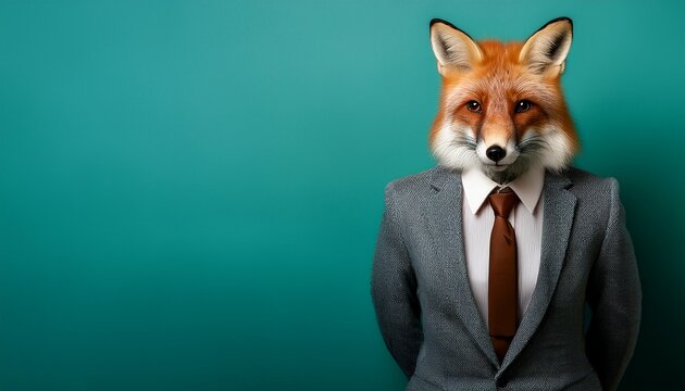 a red fox in a business suit against a teal background - Powered by Adobe