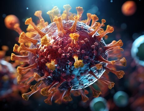 ultra realistic rendering of single virus particle in fluid suspension showing rna core and spike proteins with cinematic depth of field