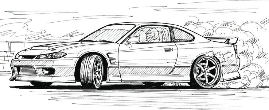 A handdrawn illustration of a nissan silvia s15 drifting, showcasing the dynamic movement and detailed linework, isolated on white background