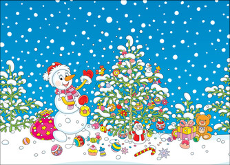 Happy snowman decorating a green Christmas tree with colorful holiday toys, balls and sweets, vector cartoon illustration