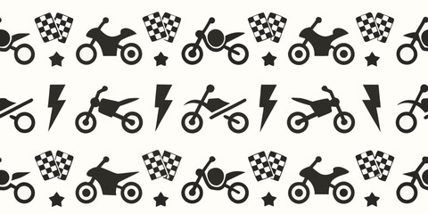 Seamless pattern of black motorcycle silhouettes with racing flags and lightning bolts