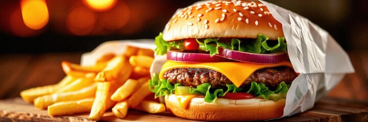 Juicy cheeseburger with fresh toppings, served with crispy fries, perfect for indulgent meals.