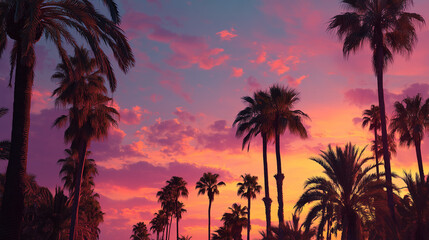 Naklejka premium Palm trees silhouette against a stunning pink and orange tropical sunset sky with vibrant clouds
