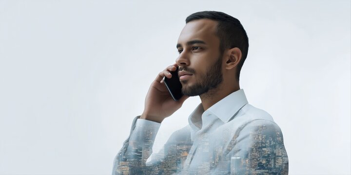 Young hispanic male talking on smartphone with double exposure cityscape - Powered by Adobe