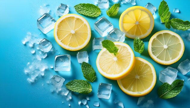 lemon slices with mint leaves and ice cubes on blue background