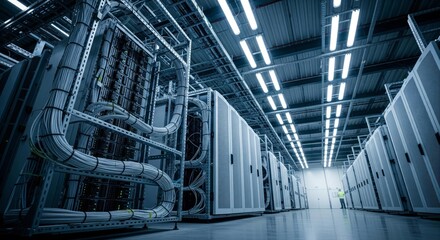 A wide-angle view of a modern data center with rows of server racks, cables, and lighting.