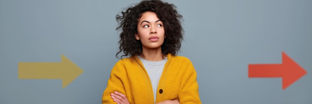 Young african female contemplating choices with yellow and red arrows on grey background - Powered by Adobe