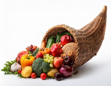 cornucopia overflowing with fresh fruits and vegetables on white background