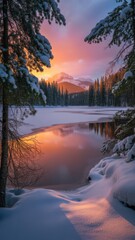 Winter sunset reflection over snow-covered lake national park photography scenic serene nature