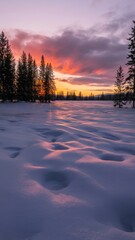 Stunning winter sunset over snow-covered landscape forest reflection nature photography peaceful wilderness serene view