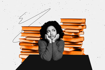 Creative trend artwork design 3D collage sketch of student textbook study library read young woman...