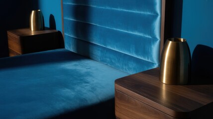 Elegant blue bedroom design contemporary home photography cozy atmosphere artistic perspective interior aesthetics