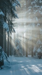 Winter wonderland sunlight filtering through snowy forest nature photography serene environment peaceful viewpoint