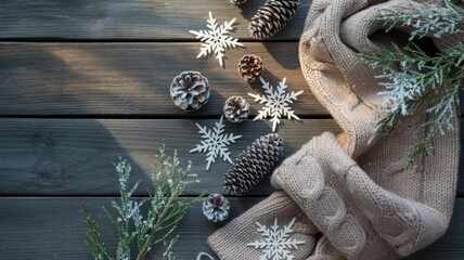 Winter decor arrangement with pinecones and snowflakes on wooden table cozy atmosphere aesthetic still life