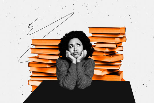 Creative trend artwork design 3D collage sketch of student textbook study library read young woman sit confused think minded pile book