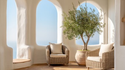Relaxing seating area with olive tree coastal villa interior design bright atmosphere wide angle tranquility