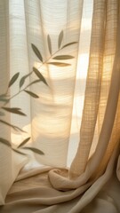 Sunlight filtering through sheer curtains elegant living room soft textures cozy atmosphere indoor nature vibe