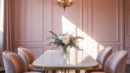 Elegant dining table arrangement with floral centerpiece cozy interior modern aesthetic soft natural light