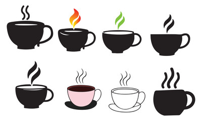 Coffee and tea cup icons set with vector illustrations of hot espresso, cappuccino, and mocha mugs for cafe design