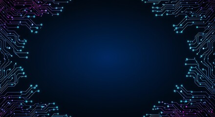 Abstract digital frame made of glowing blue and purple circuit board elements
